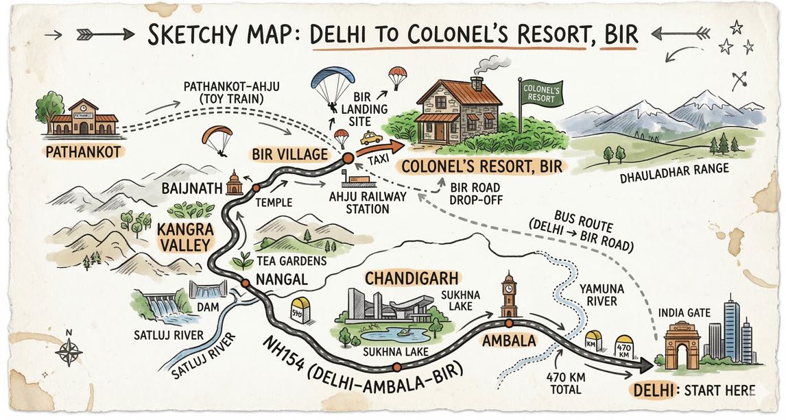 Travel map to Colonel's Resort, Bir